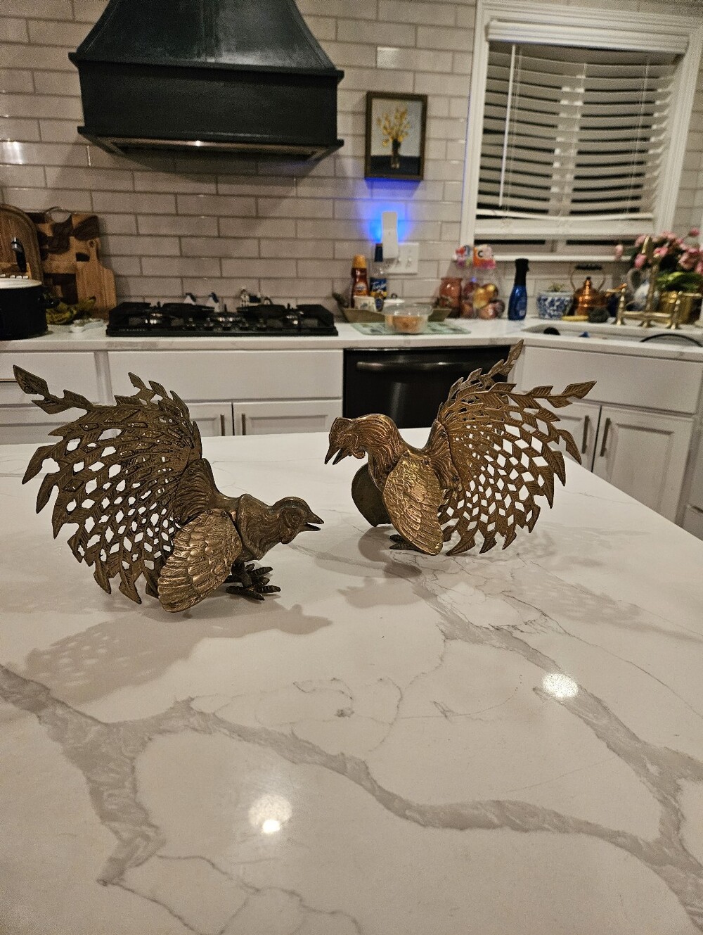 Vintage Mid-Century Modern Brass Fighting Cockerel Rooster Figures